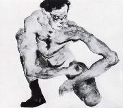 Egon Schiele Squatting male nude with stockings oil